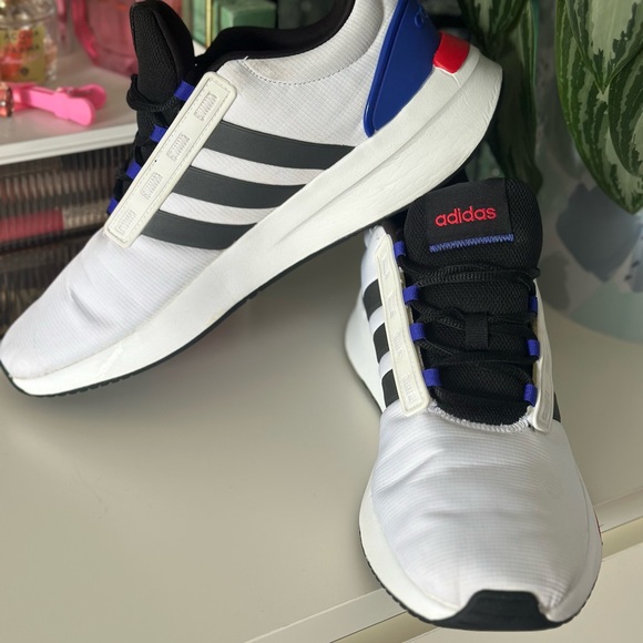 Adidas White Sneakers with Black Stripes and Red Blue Highlights